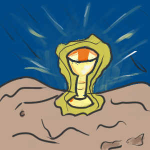 A golden chalice sits on the sea floor.